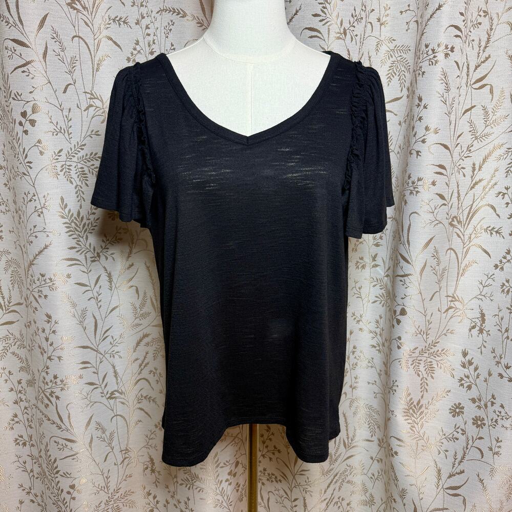 LC Lauren Conrad Flutter Sleeve Blouse Women L Black Minimalist Office Siren